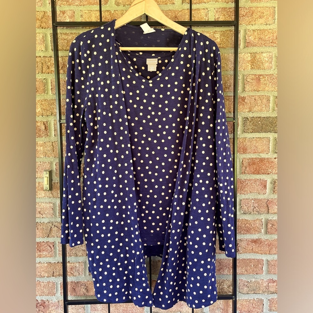 CHICO'S Twin Set Cami & Cardigan Topper Navy w/Desert Sand Polka Dots Size 1